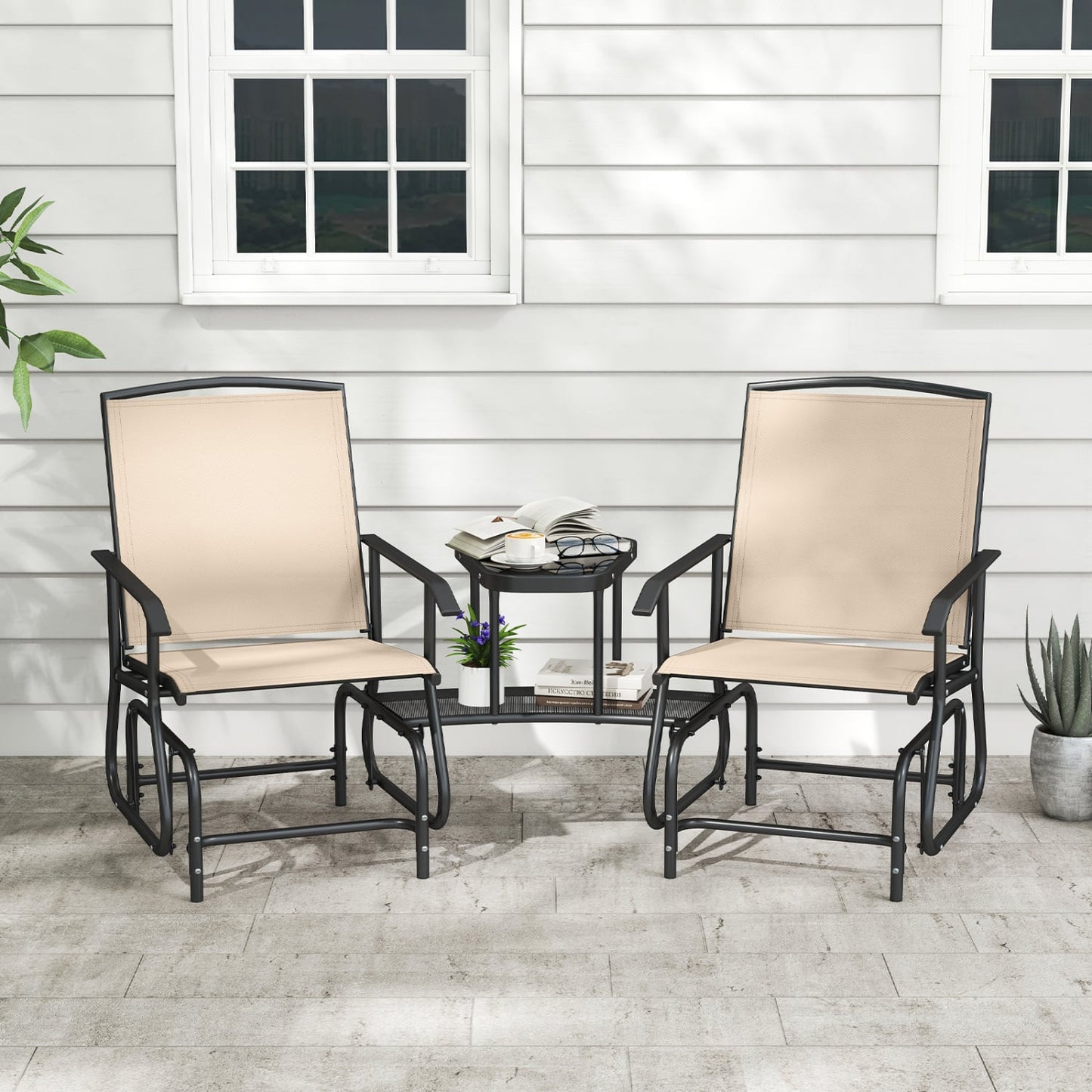 2-Seater Outdoor Glider Bench With 2-Tier Center Table, Beige