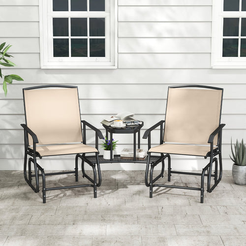 2-Seater Outdoor Glider Bench With 2-Tier Center Table, Beige