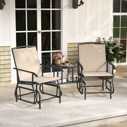 2-Seater Outdoor Glider Bench With 2-Tier Center Table, Beige