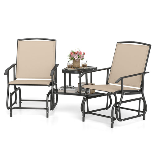 2-Seater Outdoor Glider Bench With 2-Tier Center Table, Beige