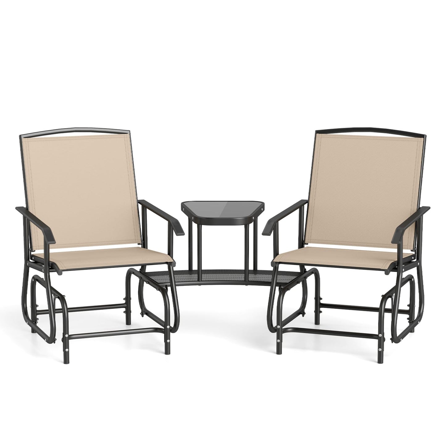 2-Seater Outdoor Glider Bench With 2-Tier Center Table, Beige