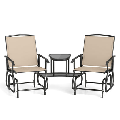 2-Seater Outdoor Glider Bench With 2-Tier Center Table, Beige