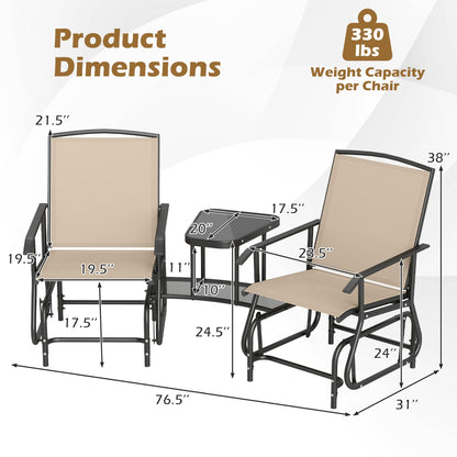 2-Seater Outdoor Glider Bench With 2-Tier Center Table, Beige