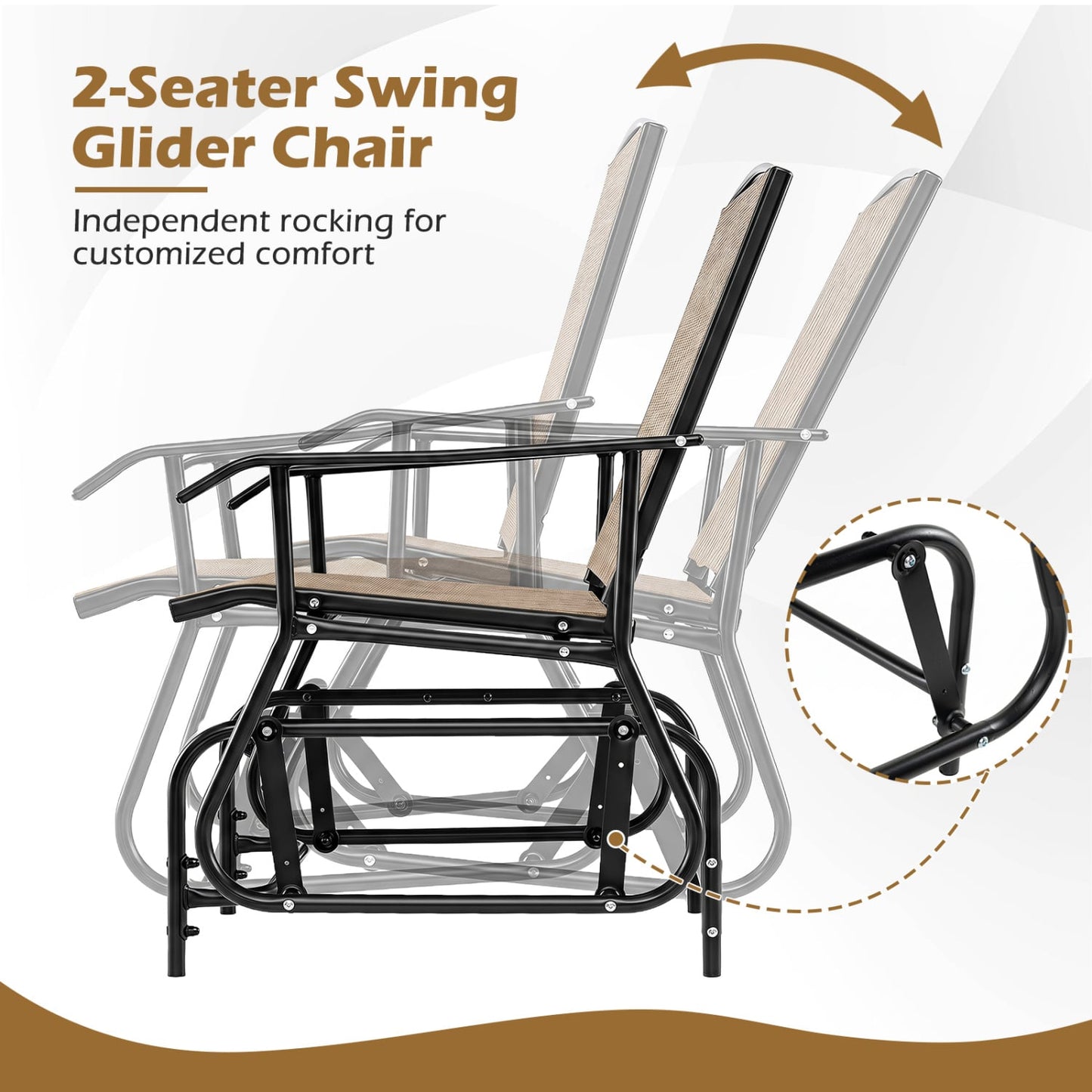 2-Seater Outdoor Glider Bench With 2-Tier Center Table, Beige