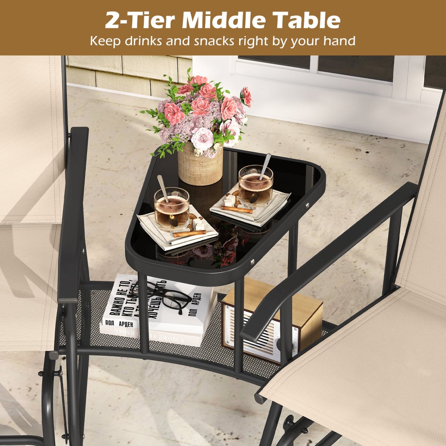 2-Seater Outdoor Glider Bench With 2-Tier Center Table, Beige