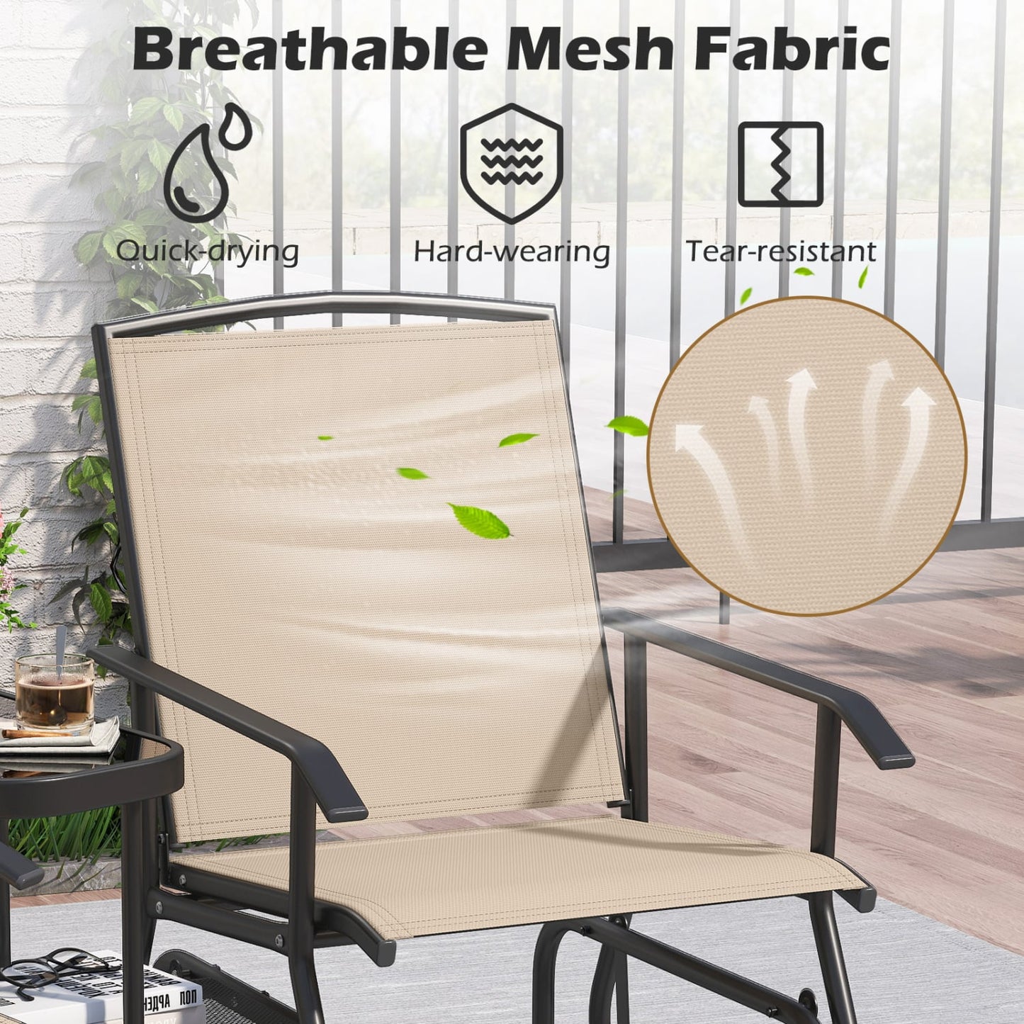 2-Seater Outdoor Glider Bench With 2-Tier Center Table, Beige