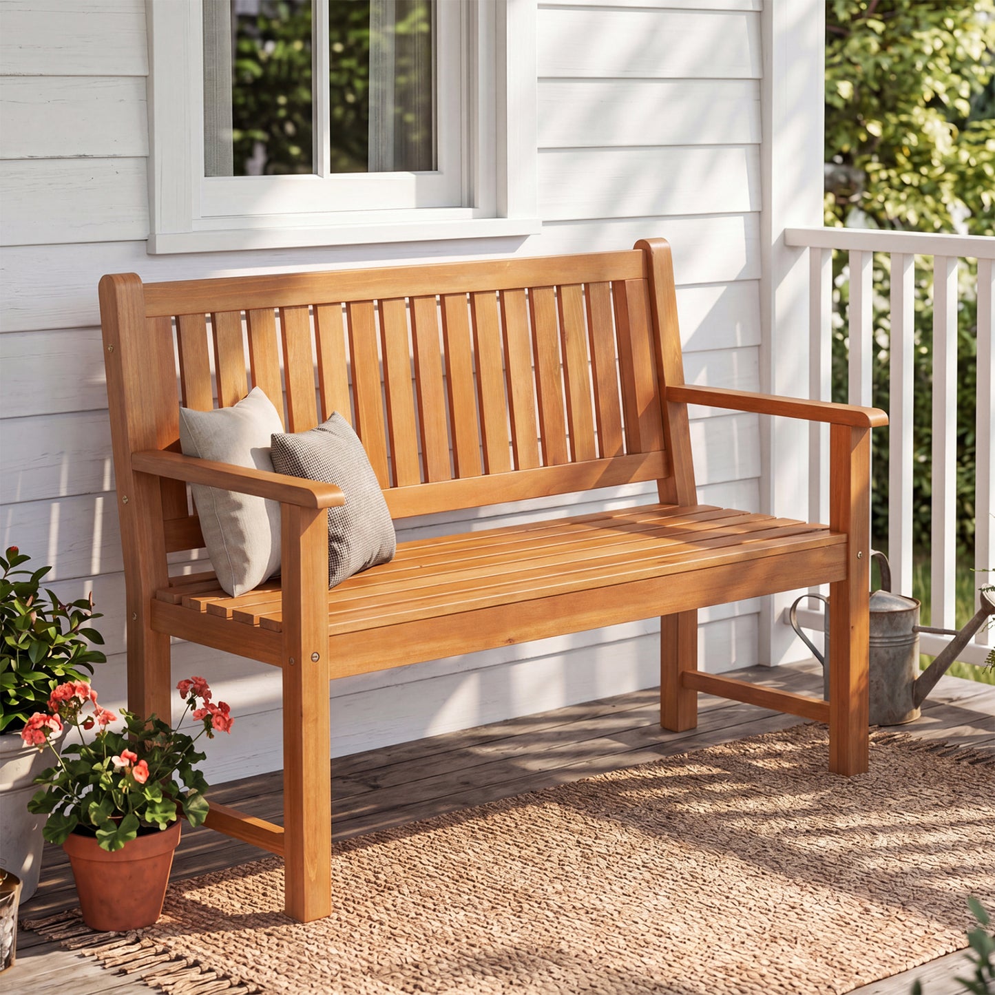 2-Seater Outdoor Wooden Bench with Backrest, Natural