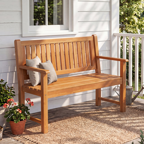 2-Seater Outdoor Wooden Bench with Backrest, Natural