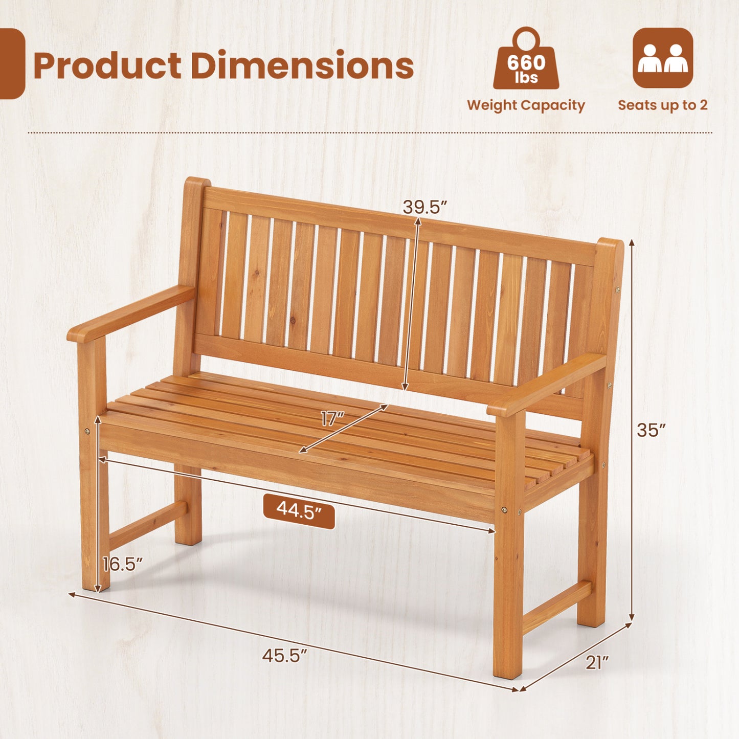 2-Seater Outdoor Wooden Bench with Backrest, Natural
