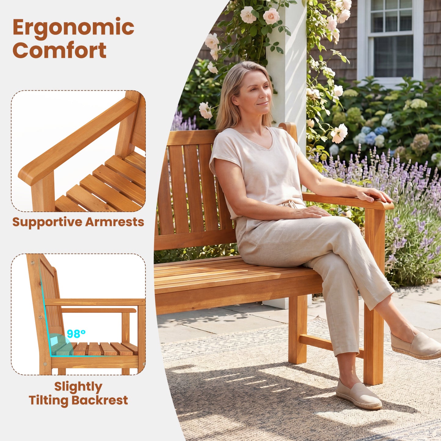 2-Seater Outdoor Wooden Bench with Backrest, Natural