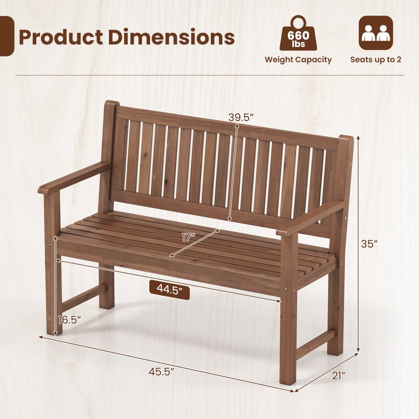 Outdoor Wooden Bench 2-Seater, Brown