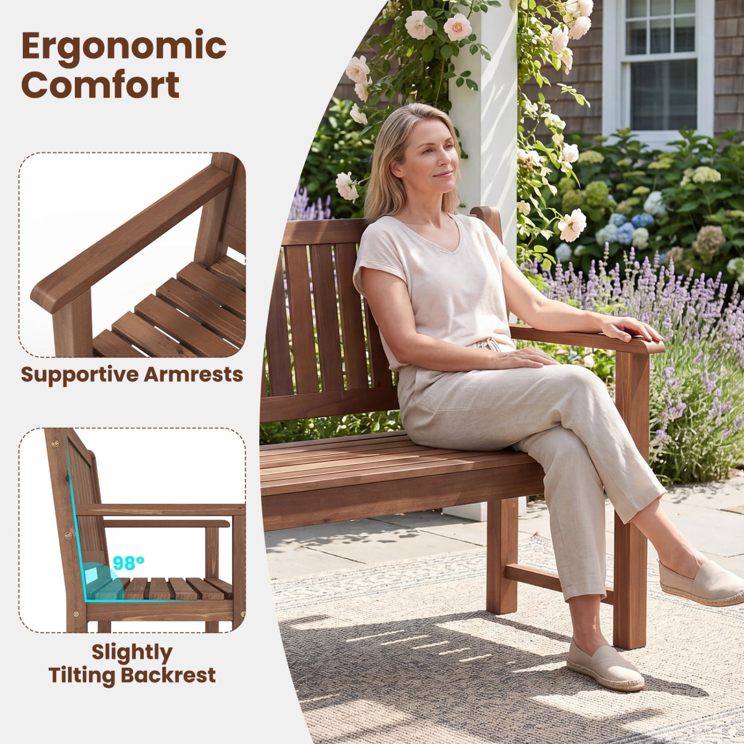 Outdoor Wooden Bench 2-Seater, Brown