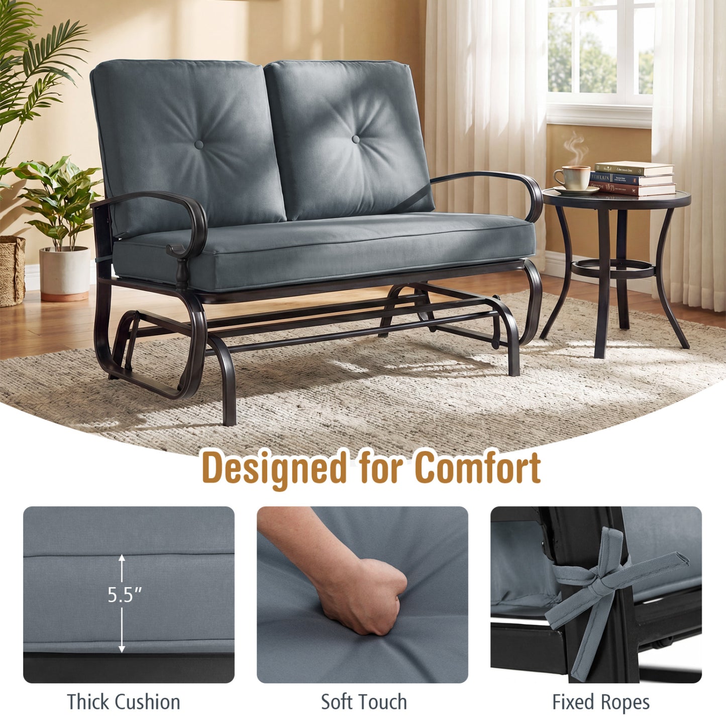 Outdoor Swing Glider Chair, 2 Seats, Removable Cushions, Gray Patio Rocking Chairs & Gliders at Gallery Canada
