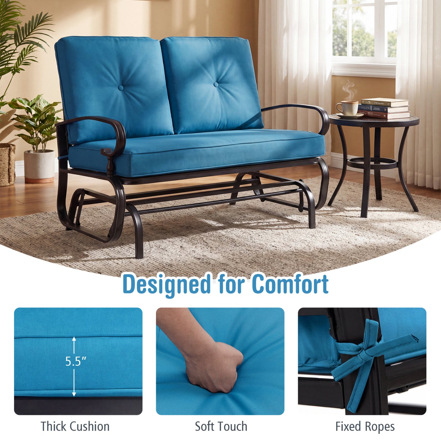2 Seat Outdoor Swing Glider Chair, Blue