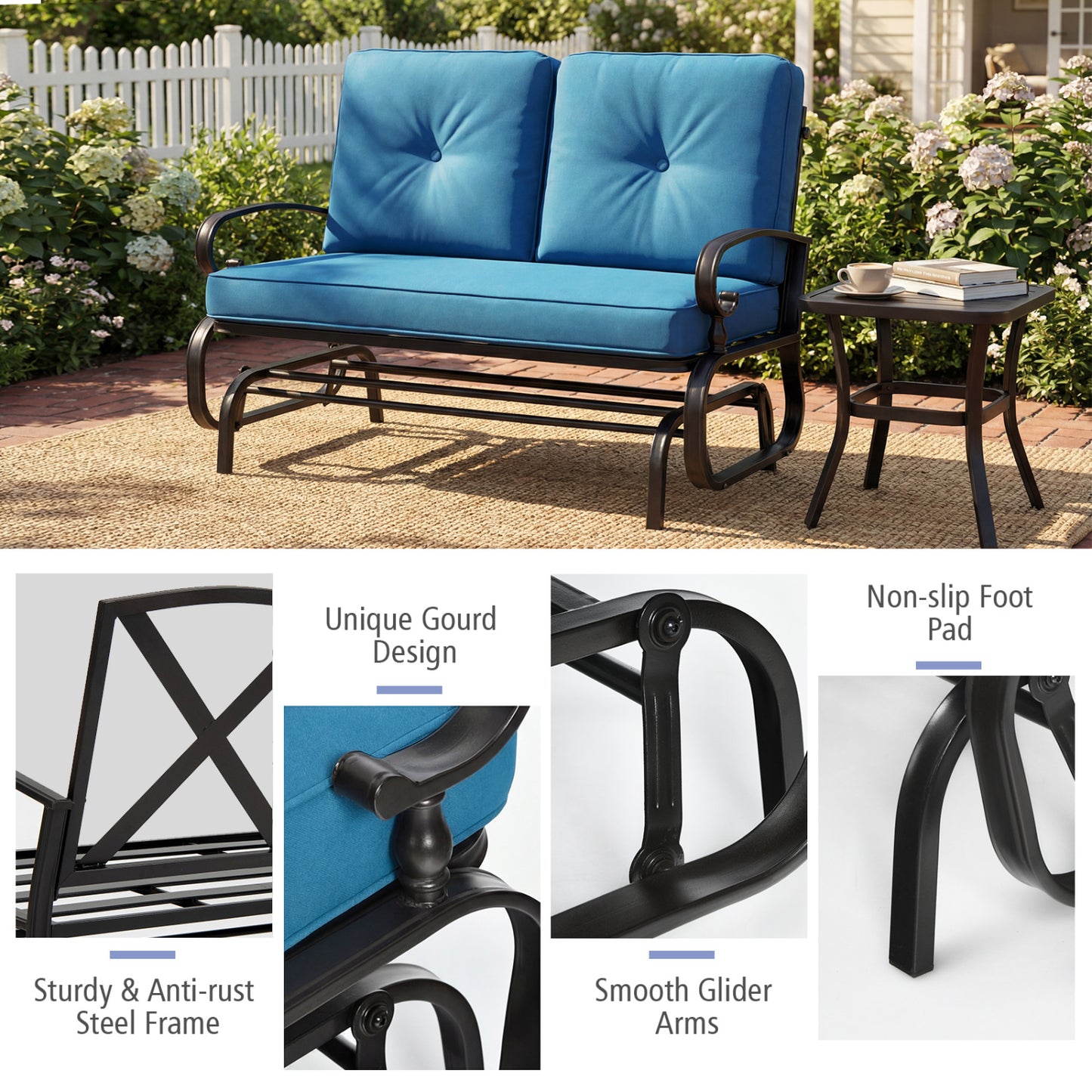 2 Seat Outdoor Swing Glider Chair, Blue