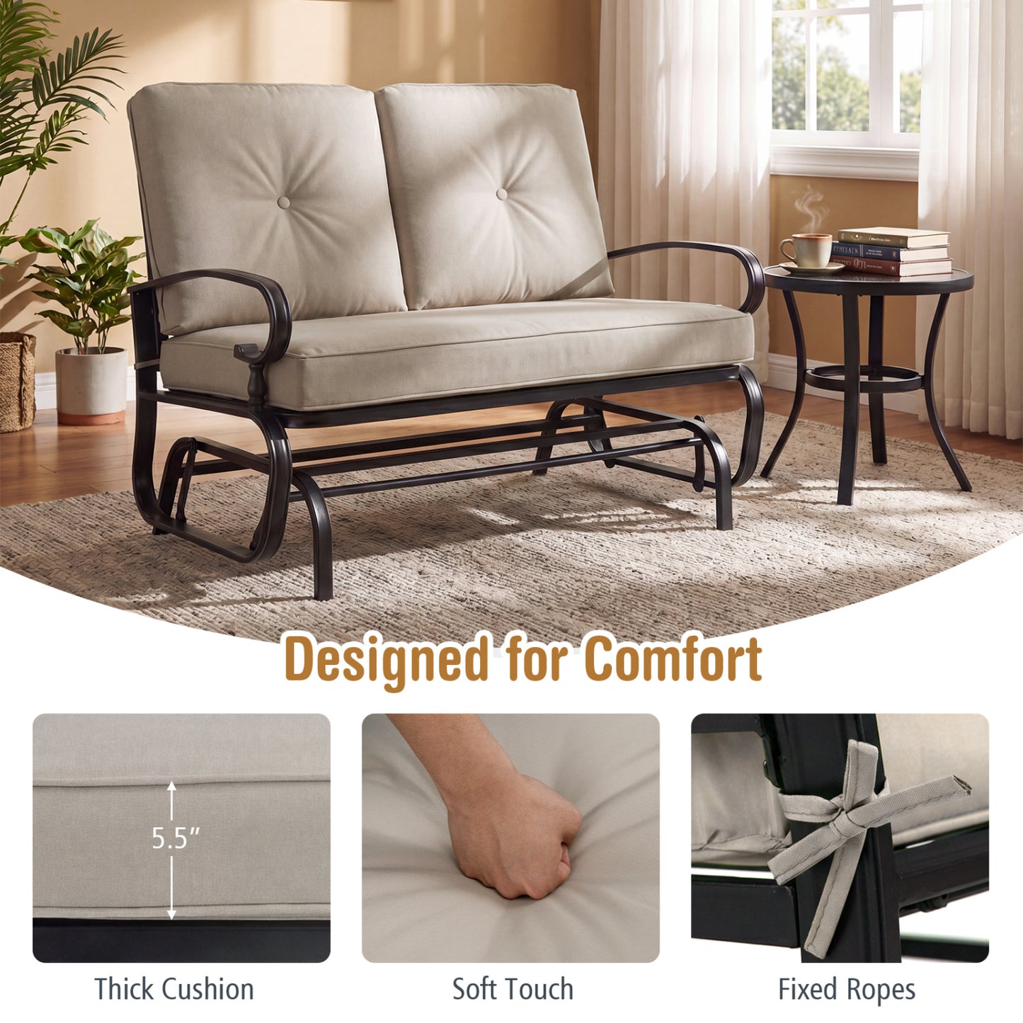 Outdoor Swing Glider Chair, 2 Seats, With Cushions, Beige Patio Rocking Chairs & Gliders at Gallery Canada