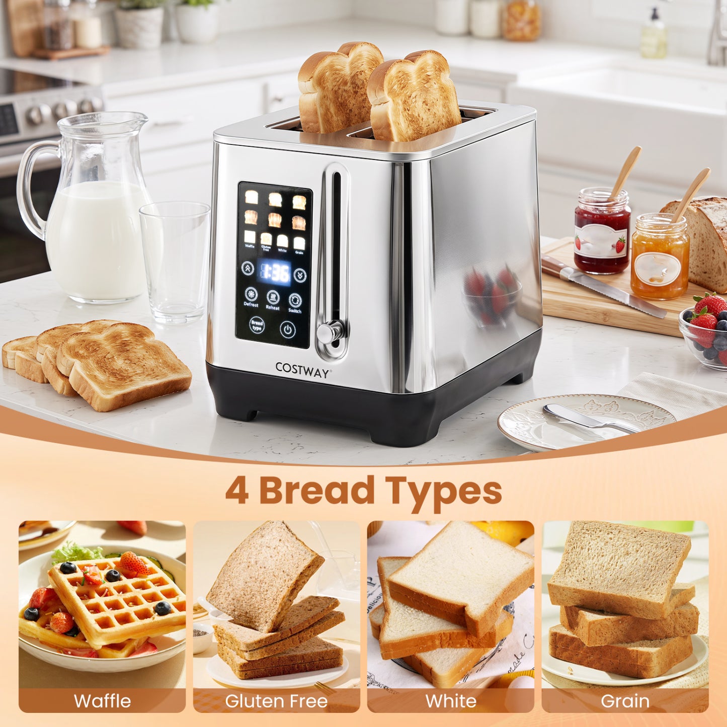 2 Slice Toaster, 6 Browning Levels, 4 Bread Types, Silver