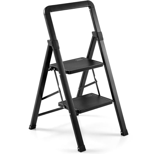 2 Step Folding Step Stool, Wide Anti-slip Pedals, Black
