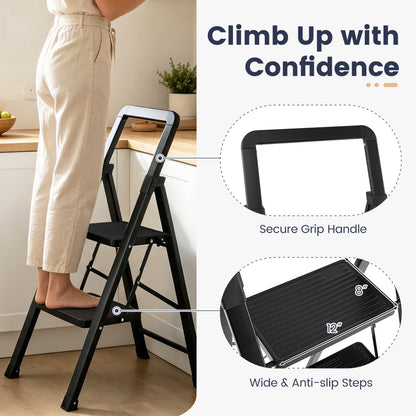2 Step Folding Step Stool, Wide Anti-slip Pedals, Black