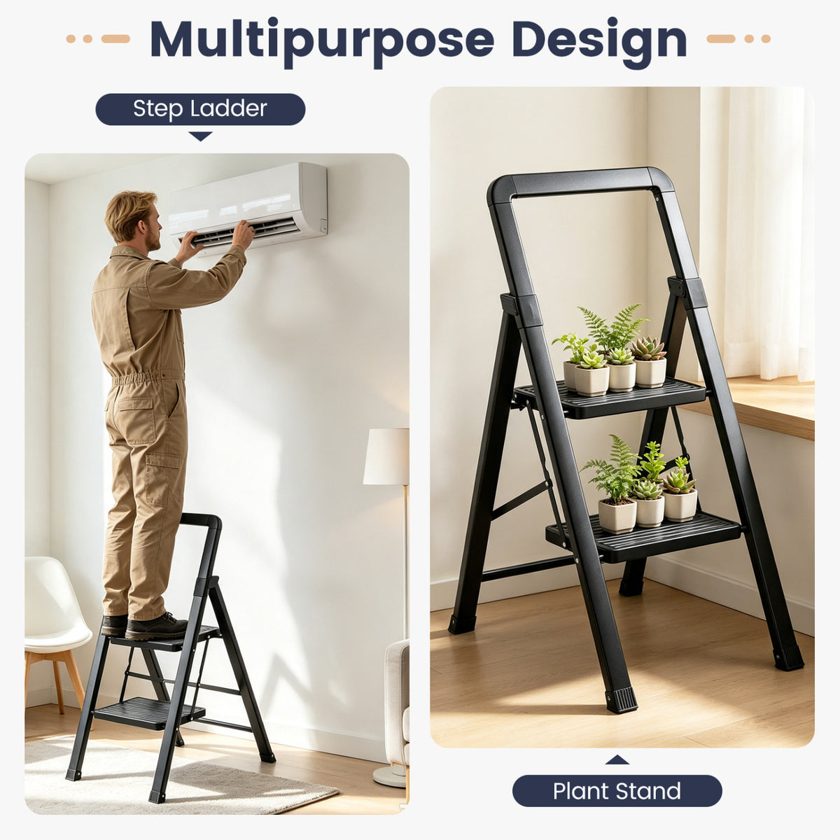 2 Step Folding Step Stool, Wide Anti-slip Pedals, Black