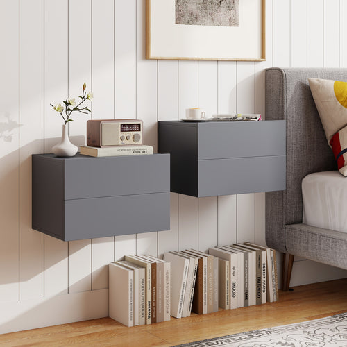 2 Storage Drawers Wall Mounted Floating Nightstand for Bedroom, Gray