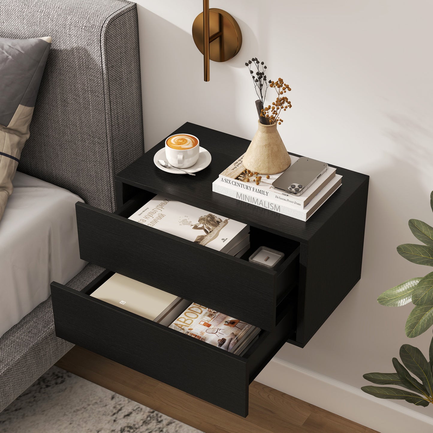 2 Storage Drawers Wall Mounted Floating Nightstand for Bedroom, Black Nightstands at Gallery Canada