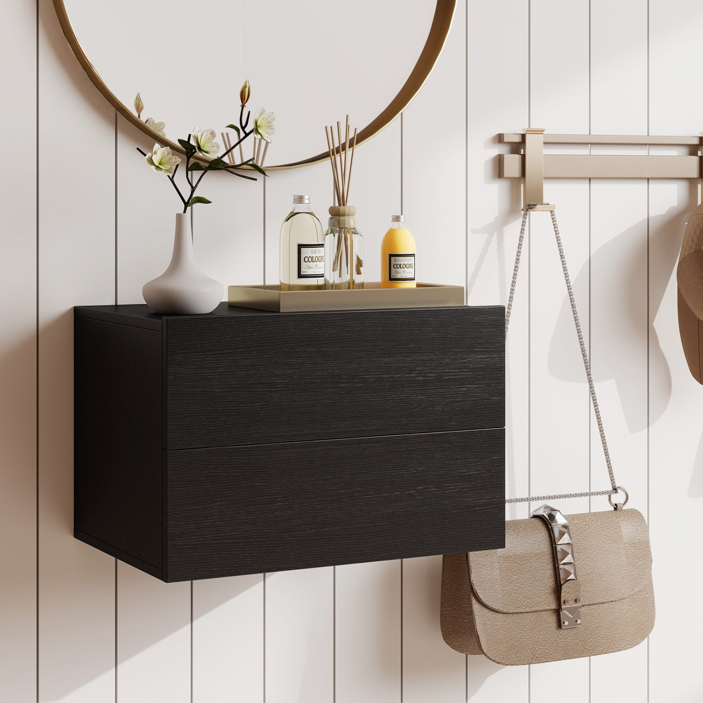 2 Storage Drawers Wall Mounted Floating Nightstand for Bedroom, Black Nightstands at Gallery Canada
