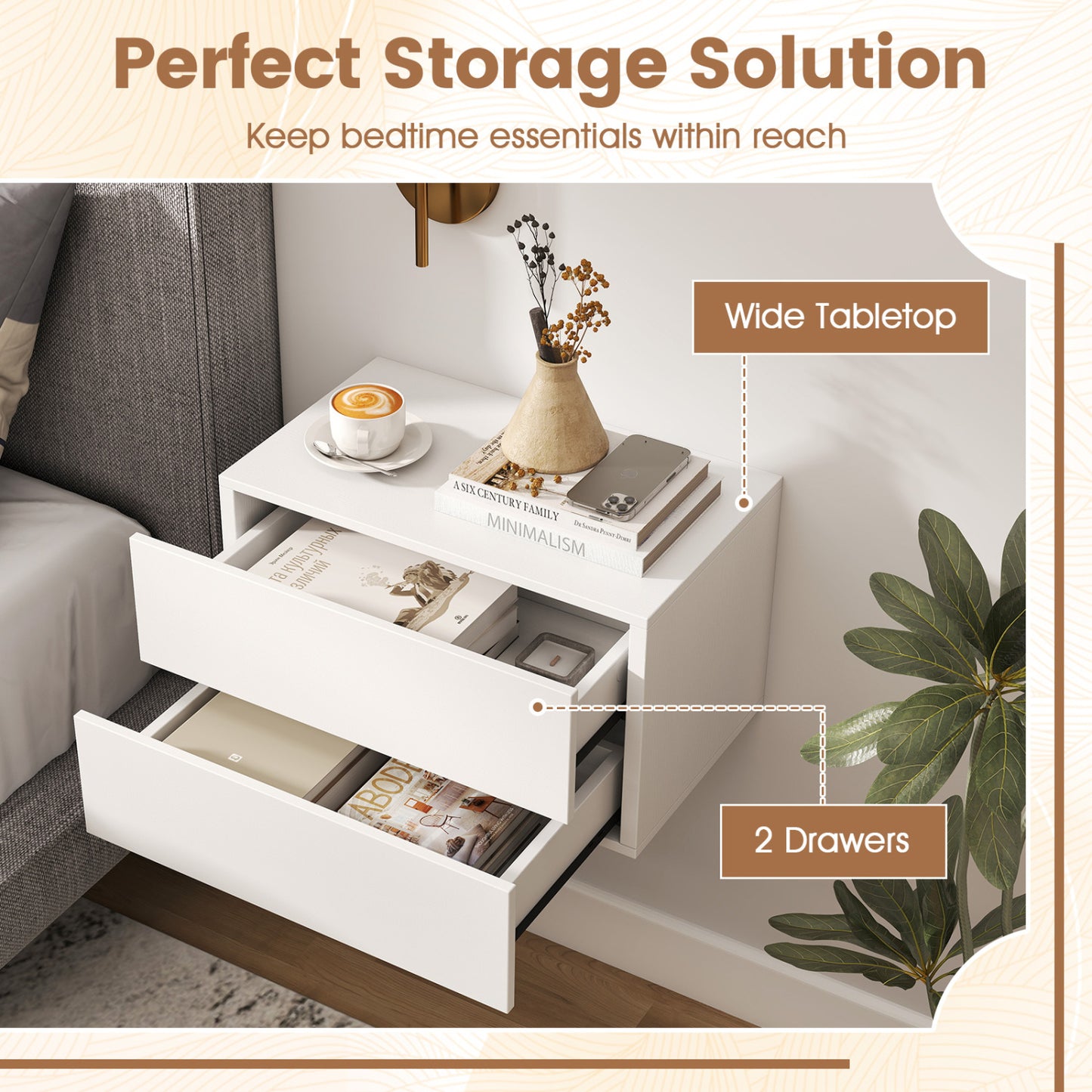 2-Drawer Wall Mounted Floating Nightstand, White
