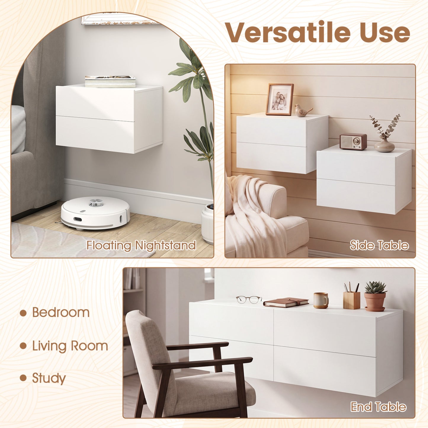 2-Drawer Wall Mounted Floating Nightstand, White