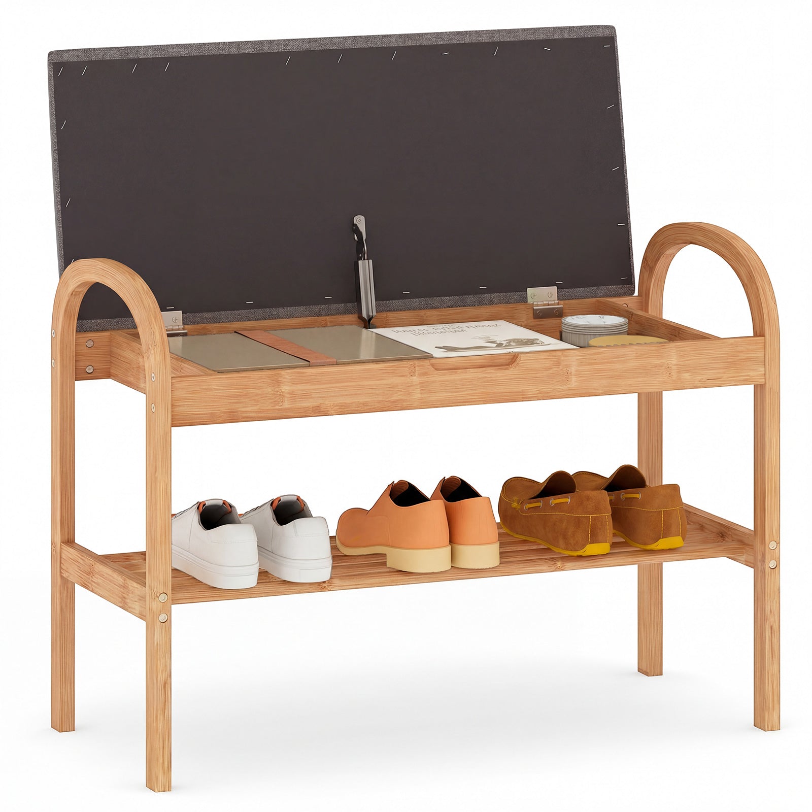 2-Tier Bamboo Shoe Bench with Storage and Padded Cushion, Gray Shoe Racks & Storage Benches at Gallery Canada