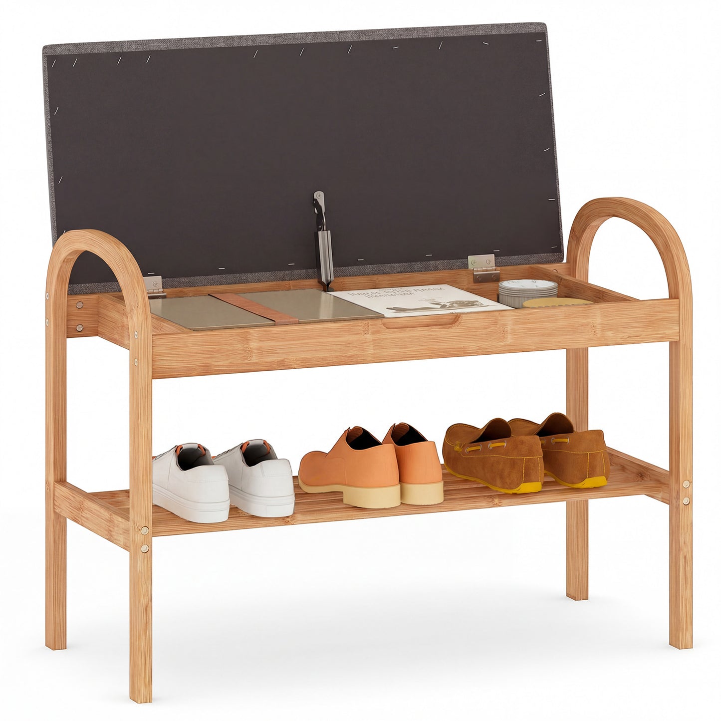 2-Tier Bamboo Shoe Bench with Storage and Padded Cushion, Gray Shoe Racks & Storage Benches at Gallery Canada