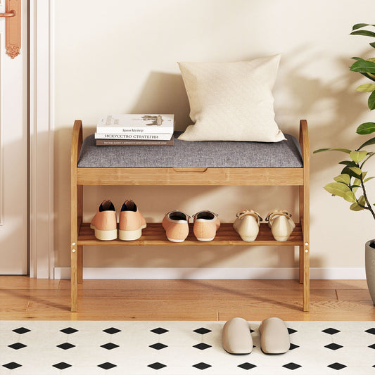 2-Tier Bamboo Shoe Bench with Storage and Padded Cushion, Gray Shoe Racks & Storage Benches Gray at Gallery Canada