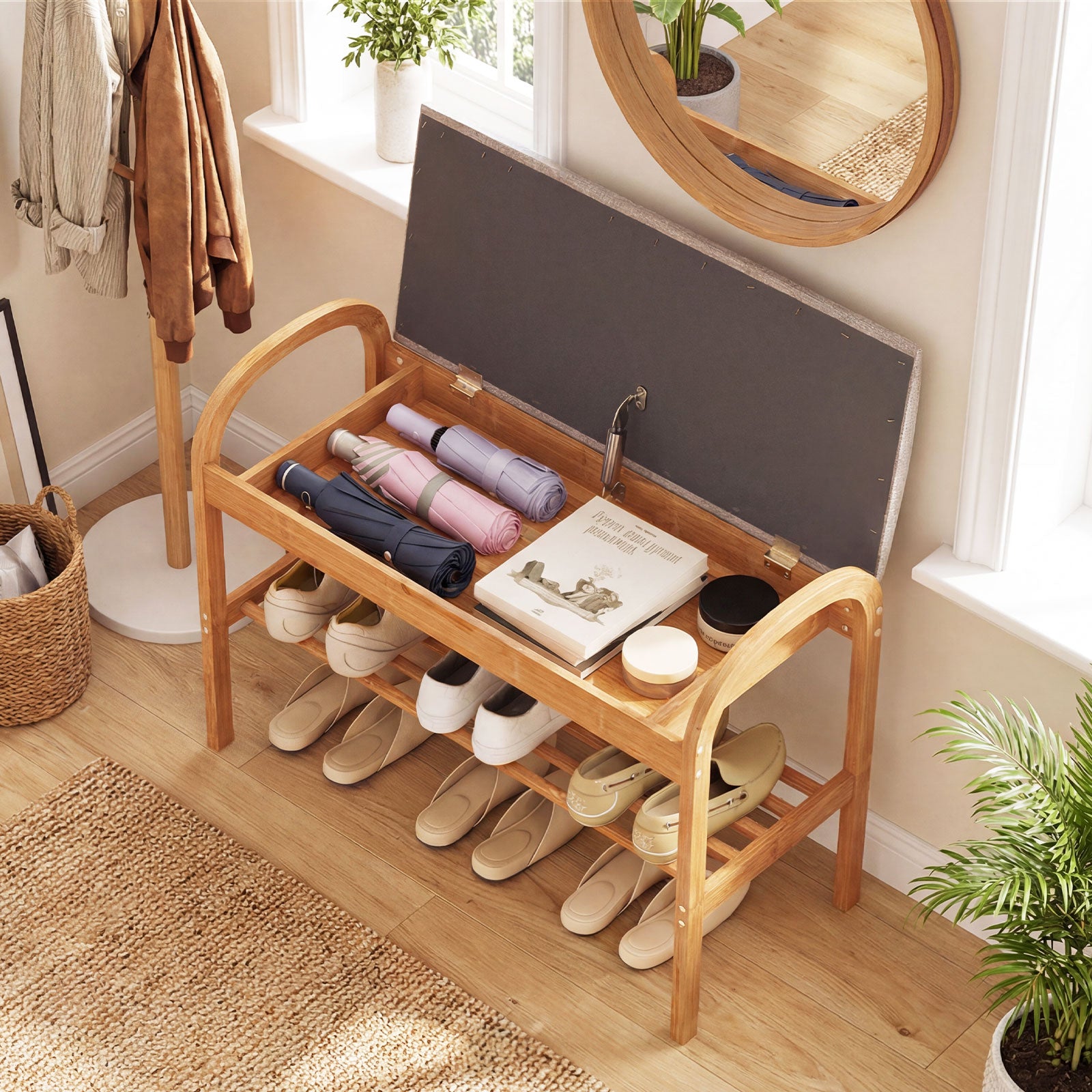 2-Tier Bamboo Shoe Bench with Storage and Padded Cushion, Gray Shoe Racks & Storage Benches at Gallery Canada