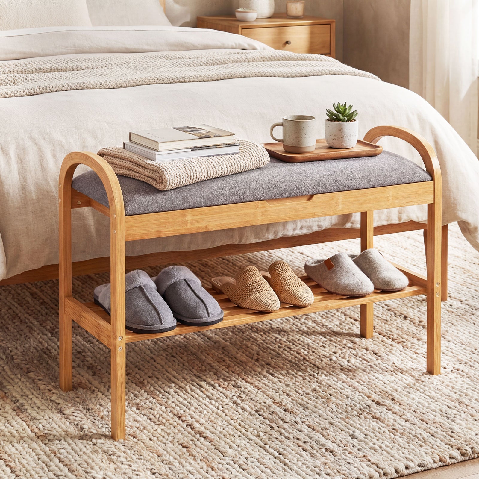2-Tier Bamboo Shoe Bench with Storage and Padded Cushion, Gray Shoe Racks & Storage Benches at Gallery Canada