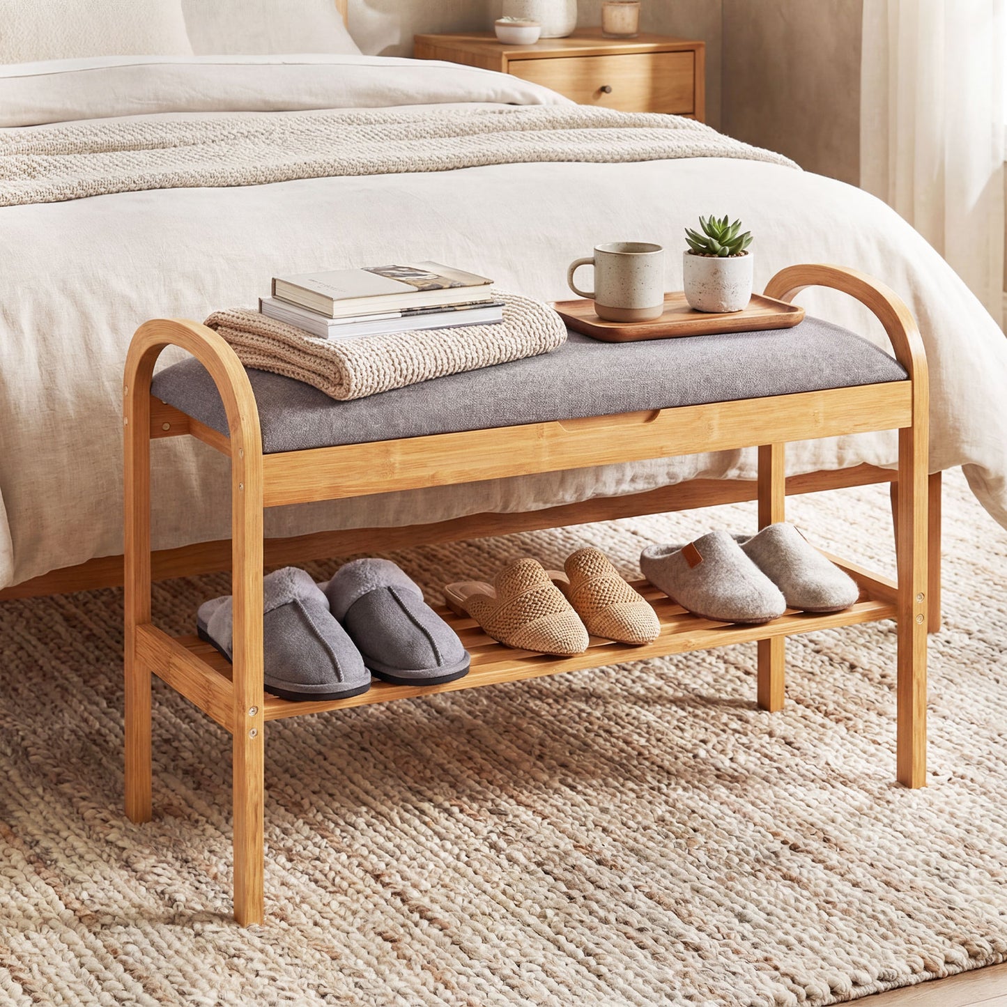 2-Tier Bamboo Shoe Bench with Storage and Padded Cushion, Gray Shoe Racks & Storage Benches at Gallery Canada