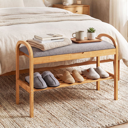2-Tier Bamboo Shoe Bench with Storage and Padded Cushion, Gray Shoe Racks & Storage Benches at Gallery Canada