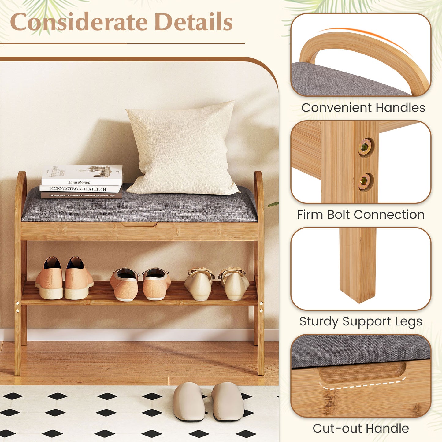 2-Tier Bamboo Shoe Bench with Storage and Padded Cushion, Gray Shoe Racks & Storage Benches at Gallery Canada