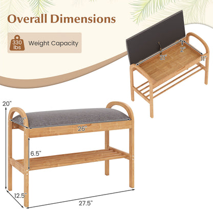 2-Tier Bamboo Shoe Bench with Storage and Padded Cushion, Gray Shoe Racks & Storage Benches at Gallery Canada