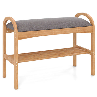 2-Tier Bamboo Shoe Bench with Padded Cushion and Shelf, Gray Shoe Racks & Storage Benches at Gallery Canada