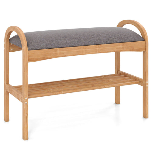 2-Tier Bamboo Shoe Bench with Padded Cushion and Shelf, Gray