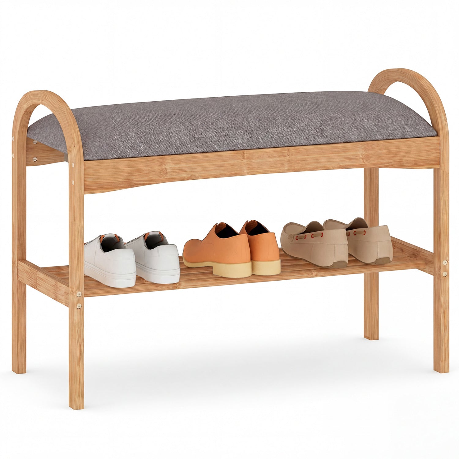 2-Tier Bamboo Shoe Bench with Padded Cushion and Shelf, Gray Shoe Racks & Storage Benches at Gallery Canada