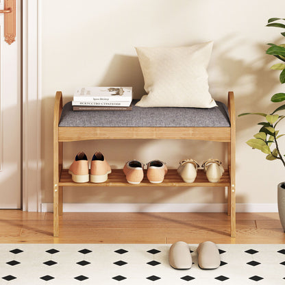 2-Tier Bamboo Shoe Bench with Padded Cushion and Shelf, Gray Shoe Racks & Storage Benches at Gallery Canada