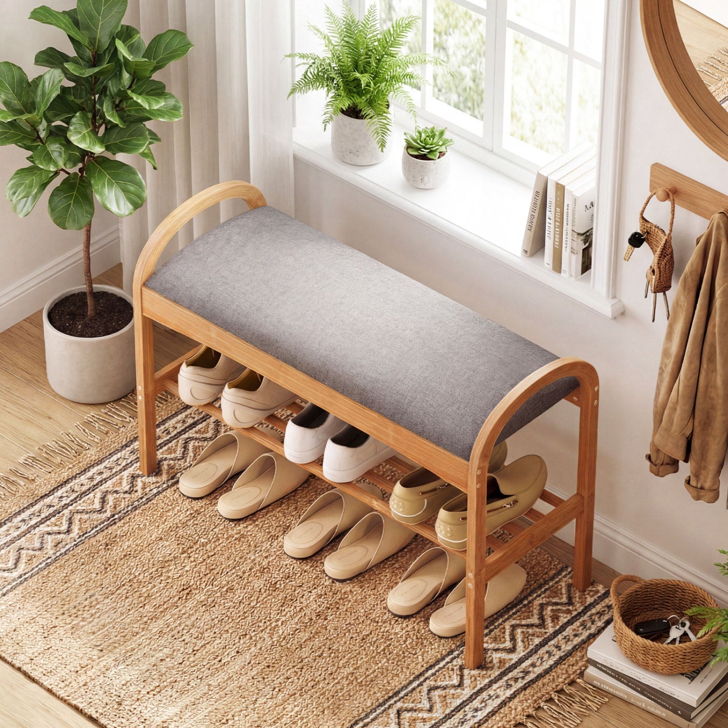 2-Tier Bamboo Shoe Bench with Padded Cushion and Shelf, Gray Shoe Racks & Storage Benches at Gallery Canada