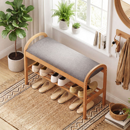 2-Tier Bamboo Shoe Bench with Padded Cushion and Shelf, Gray Shoe Racks & Storage Benches at Gallery Canada