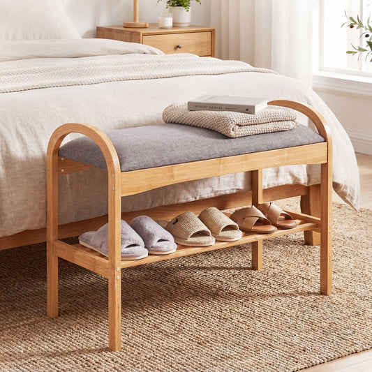 2-Tier Bamboo Shoe Bench with Padded Cushion and Shelf, Gray Shoe Racks & Storage Benches Gray at Gallery Canada