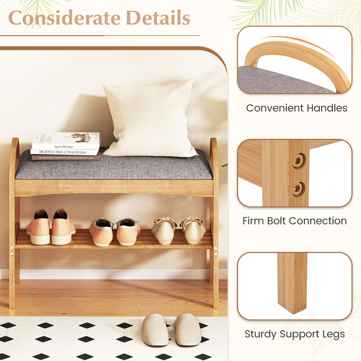 2-Tier Bamboo Shoe Bench with Padded Cushion and Shelf, Gray Shoe Racks & Storage Benches at Gallery Canada