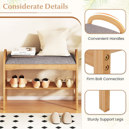 2-Tier Bamboo Shoe Bench with Padded Cushion and Shelf, Gray Shoe Racks & Storage Benches at Gallery Canada