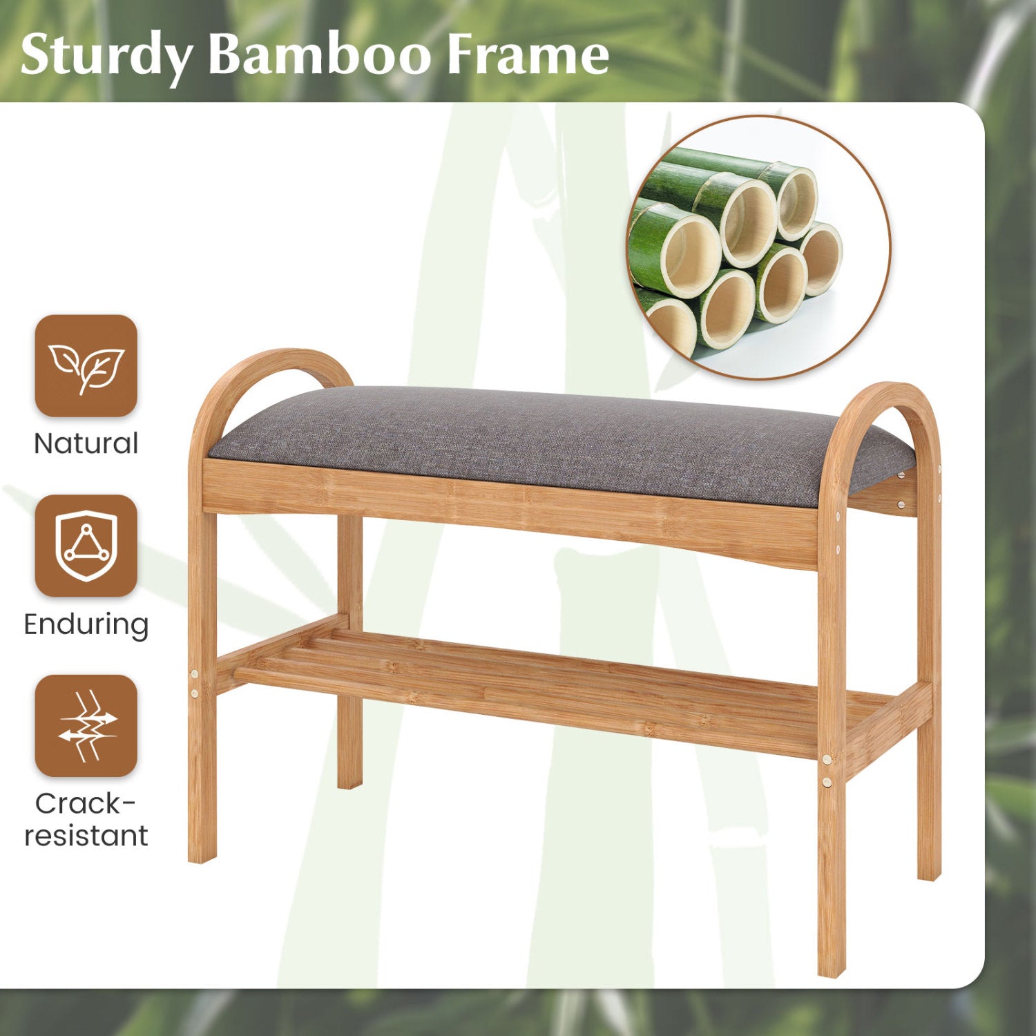 2-Tier Bamboo Shoe Bench with Padded Cushion and Shelf, Gray Shoe Racks & Storage Benches at Gallery Canada