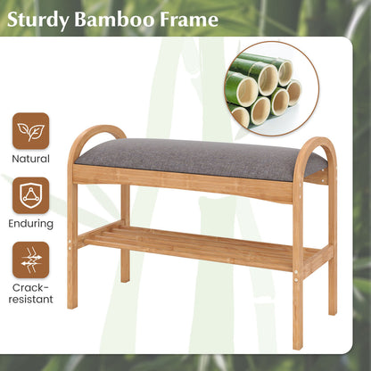 2-Tier Bamboo Shoe Bench with Padded Cushion and Shelf, Gray Shoe Racks & Storage Benches at Gallery Canada