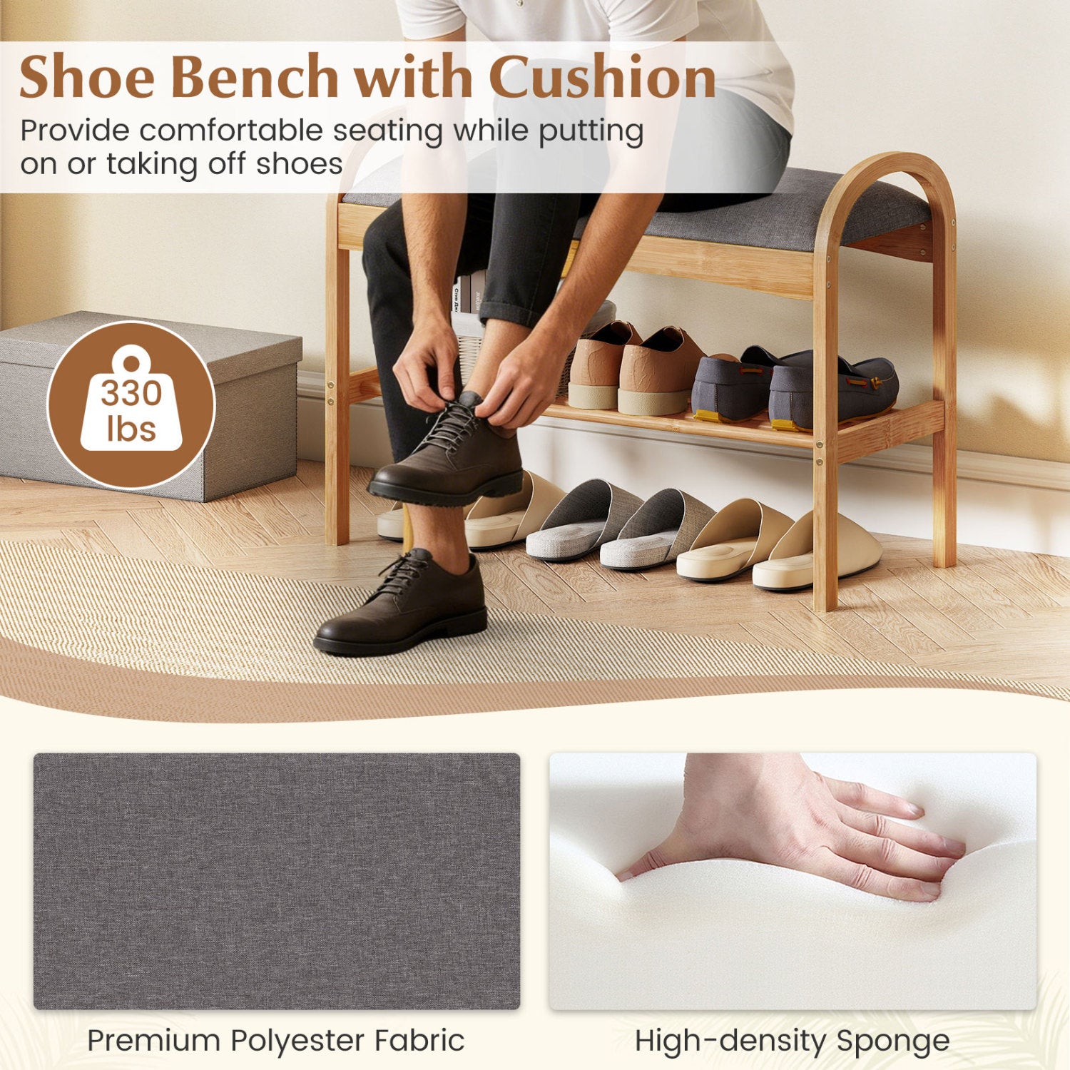 2-Tier Bamboo Shoe Bench with Padded Cushion and Shelf, Gray Shoe Racks & Storage Benches at Gallery Canada